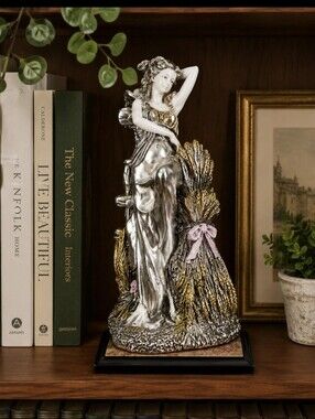 Signed Victor 9 inches tall, Lady Figurine Sculpture Silver Gold Tone, Vintage